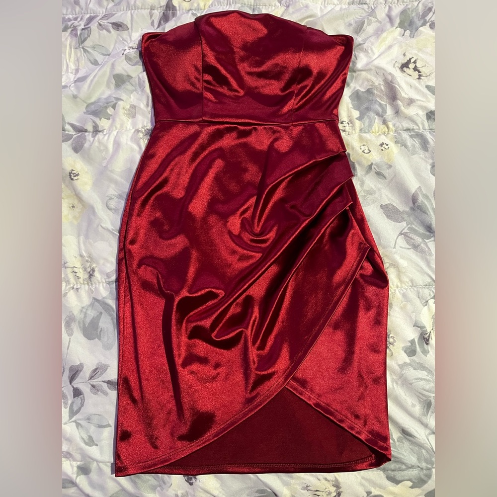 Short, silky red dress